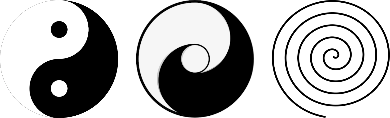 Immagine raffigurante tre diversi modi per rappresentare il Taiji, tre diversi TaijiTu o diagrammi Taiji.