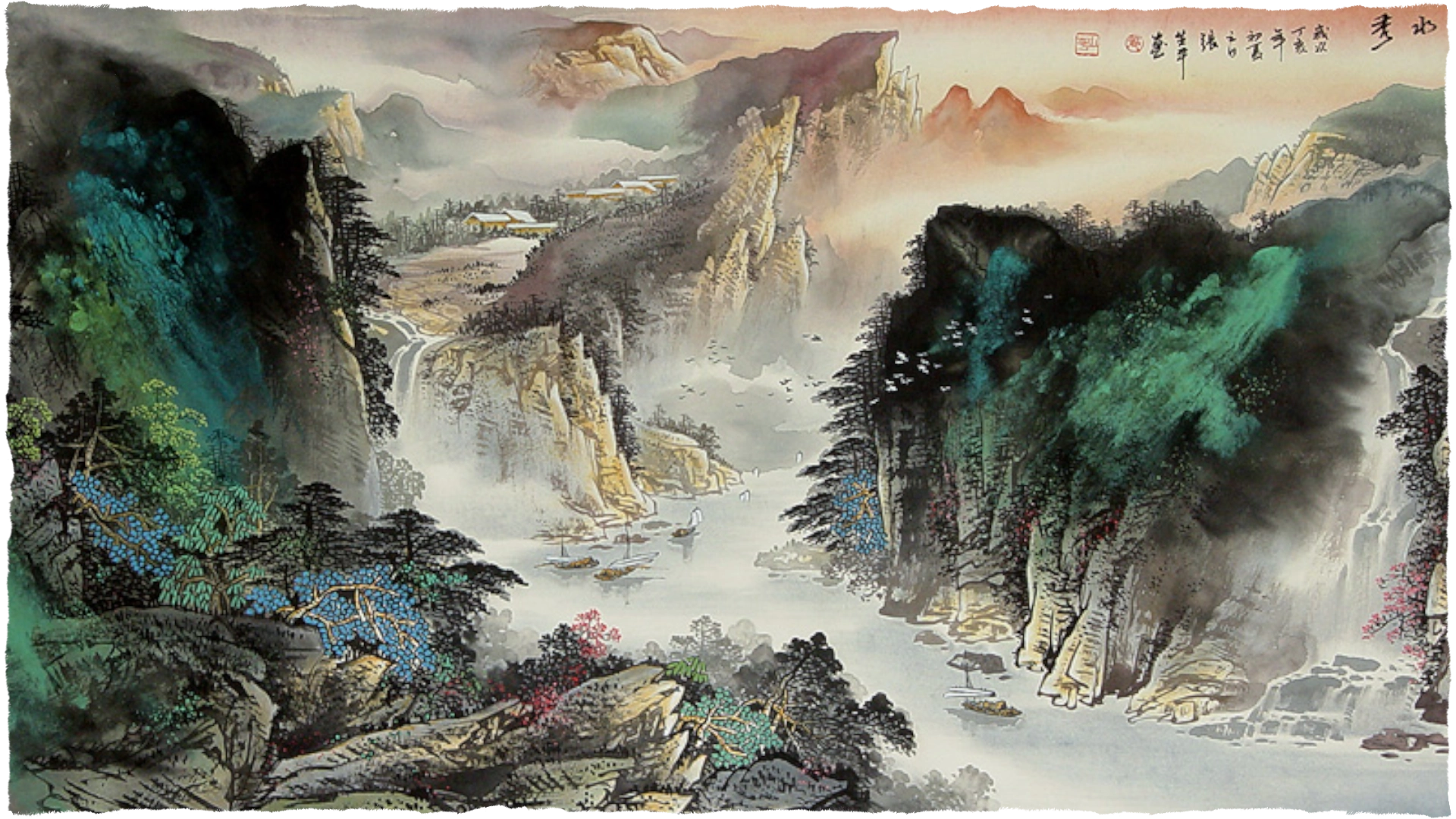 Dipinto cinese raffigurante un paesaggio naturale con delle cascate e un fiume. Copertina dell'articolo Zhuangzi, l'arte di seguire il flusso.