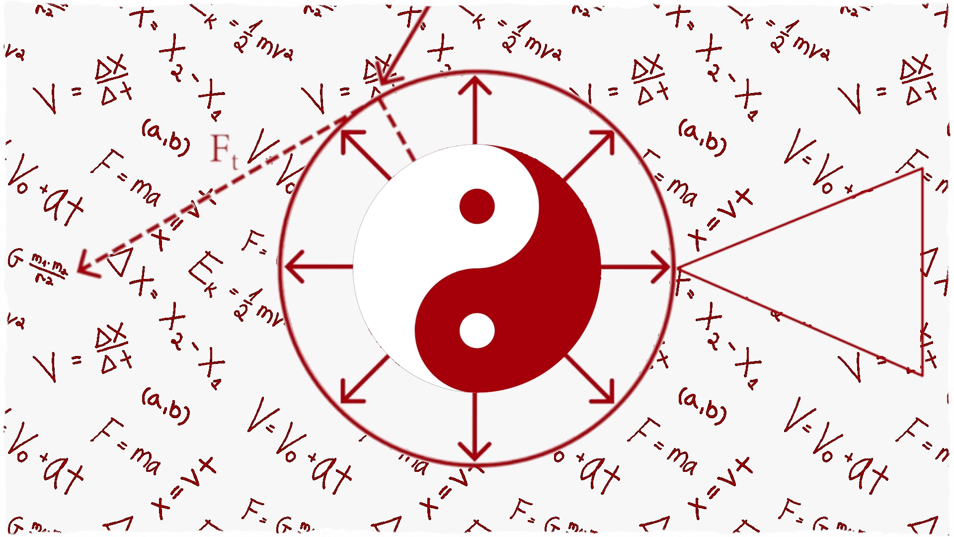 Copertina_La_fisica_e_la_geometria_dell_Arte_Marziale Copertina dell'articolo la fisica e la geometria dell'arte marziale. Un taijitu rosso al centro con diverse formule fisiche sullo sfondo, un cerchio al centro e un triangolo sulla destra.
