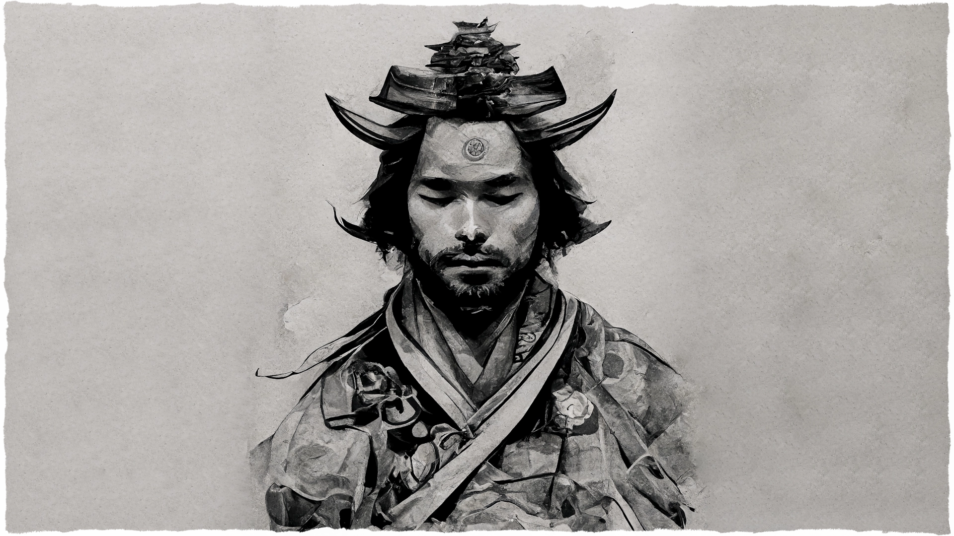 Copertina dell'articolo l'arte di combattere senza combattere, raffigurante un samurai in meditazione in bianco e nero.