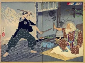 Dipinto raffigurante l'incontro tra i due famosi samurai Bokuden e Musashi. Per l'articolo l'arte di combattere senza combattere.